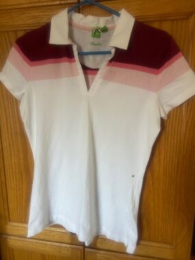 Hugo Boss White Polo Top with Burgundy & Pink Stripes